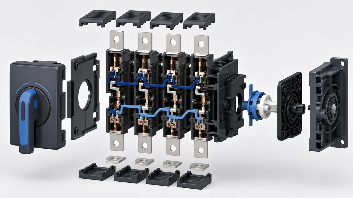 Technical anatomy view of an unbranded PV DC isolator switch showing relevant mounting and connection interfaces