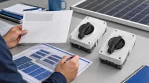 Unbranded PV DC isolator switch sample reviewed in an industrial engineering environment