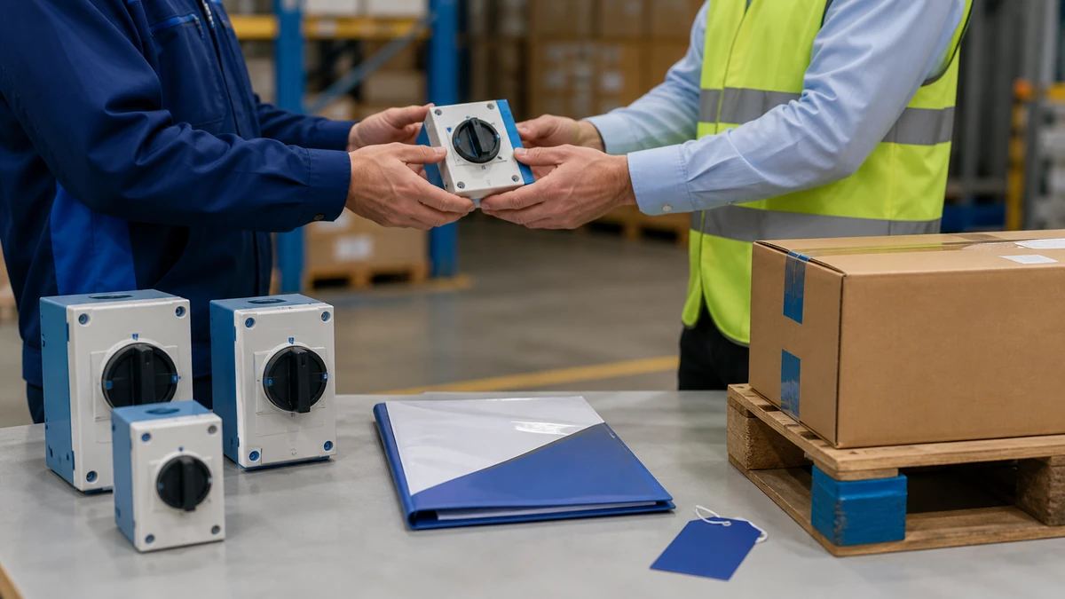 Unbranded PV DC isolator switch sample, document folder and protective export packing prepared for handover