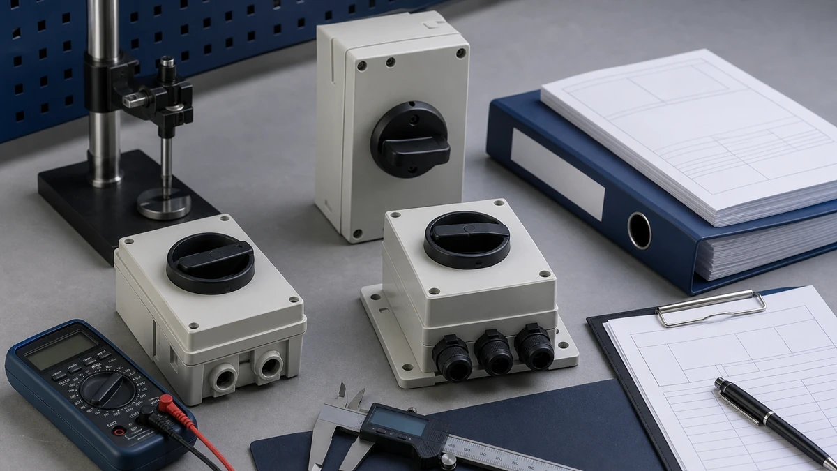 Unbranded PV DC isolator switch sample at a quality-control inspection bench with non-readable drawing and measuring tools