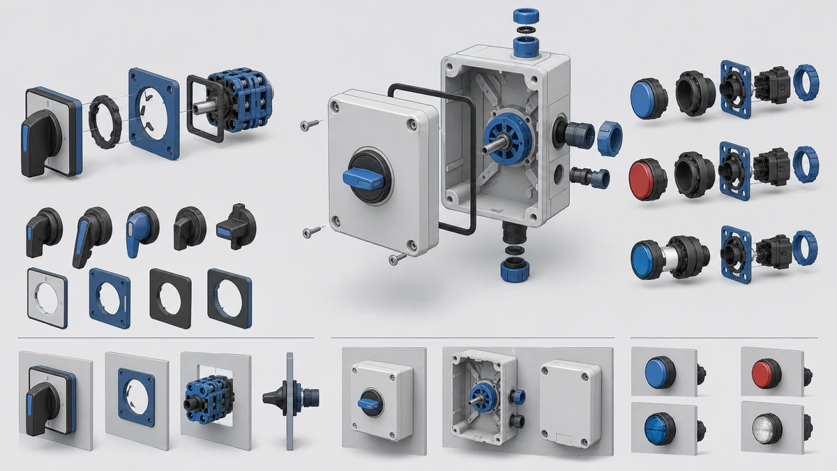 Technical anatomy view of an unbranded industrial control component portfolio showing relevant mounting and connection interfaces