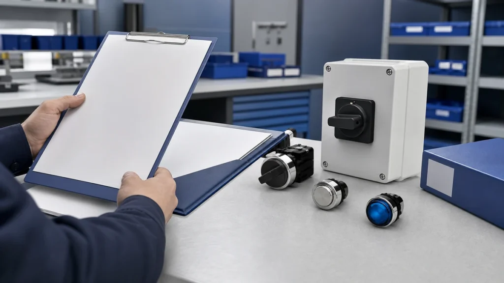 Unbranded industrial control component portfolio sample reviewed in an industrial engineering environment