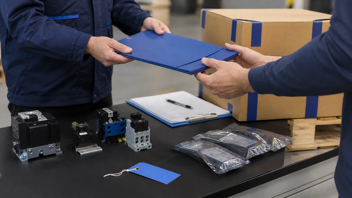 Unbranded industrial control component portfolio sample, document folder and protective export packing prepared for handover