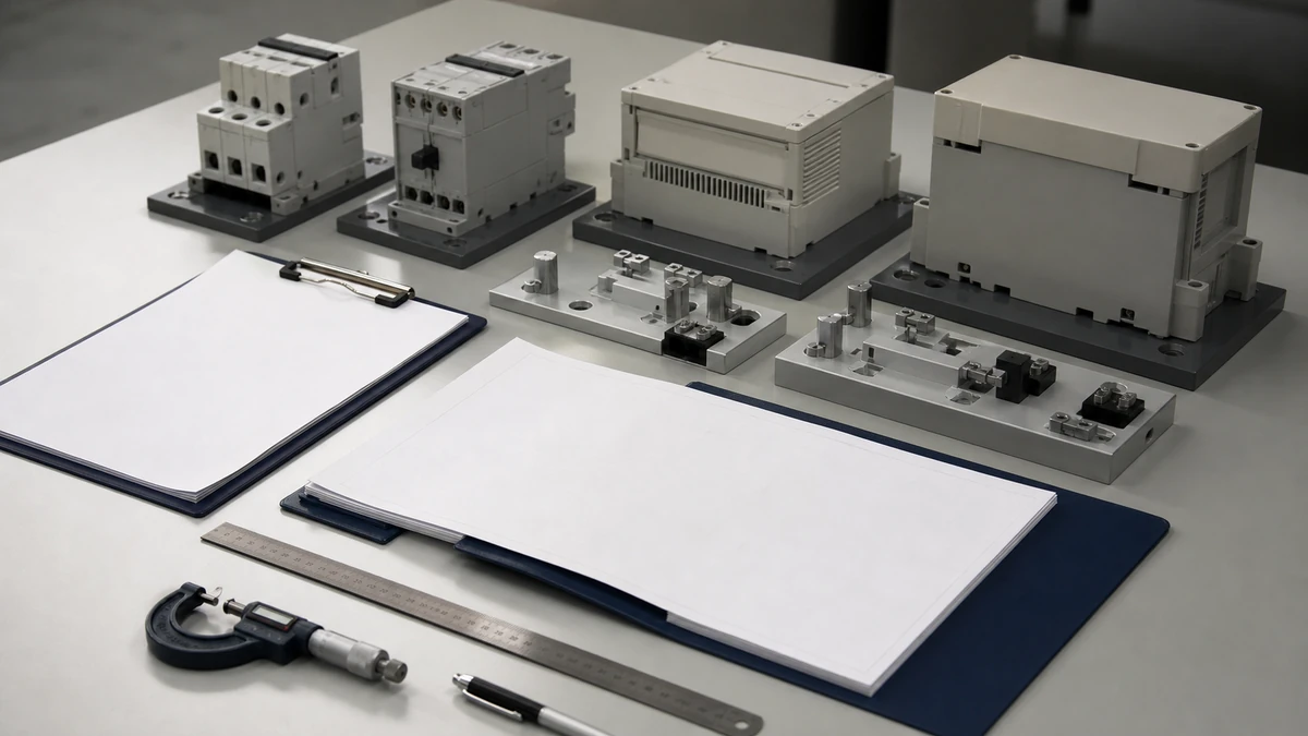 Unbranded industrial control component portfolio sample at a quality-control inspection bench with non-readable drawing and measuring tools
