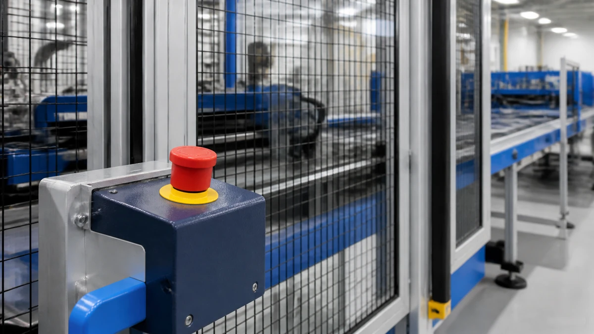 Unbranded push button, selector switch or emergency-stop operator used in a realistic industrial application context