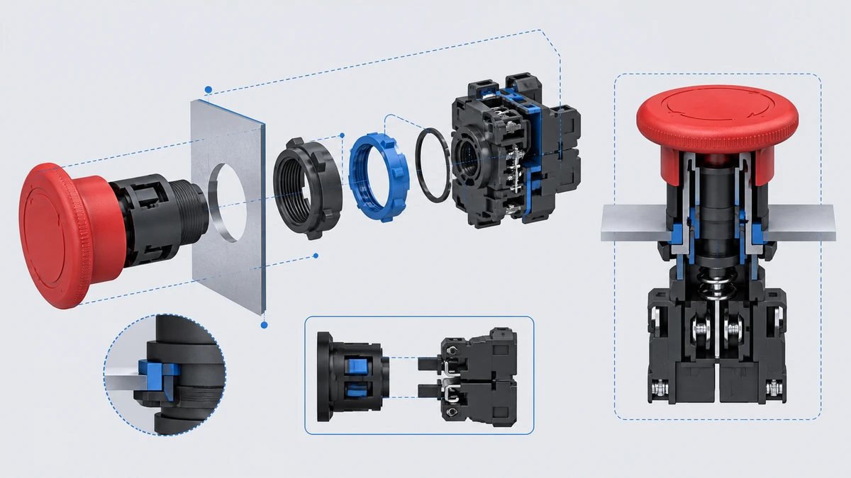 Technical anatomy view of an unbranded push button, selector switch or emergency-stop operator showing relevant mounting and connection interfaces