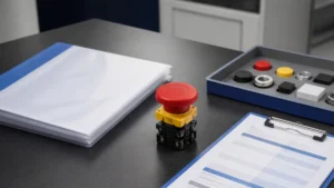 Unbranded push button, selector switch or emergency-stop operator sample reviewed in an industrial engineering environment