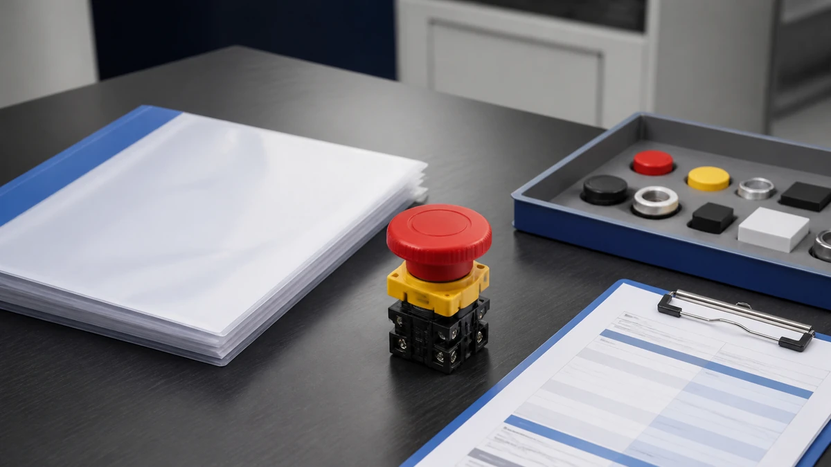 Unbranded push button, selector switch or emergency-stop operator sample reviewed in an industrial engineering environment