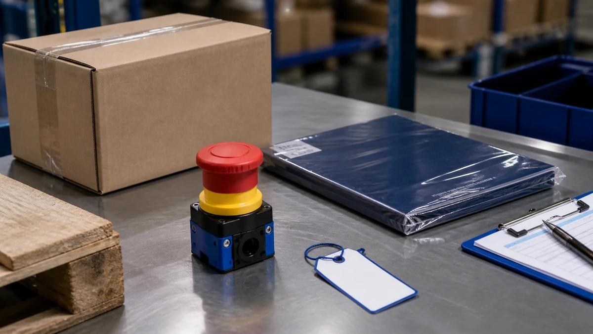 Unbranded push button, selector switch or emergency-stop operator sample, document folder and protective export packing prepared for handover