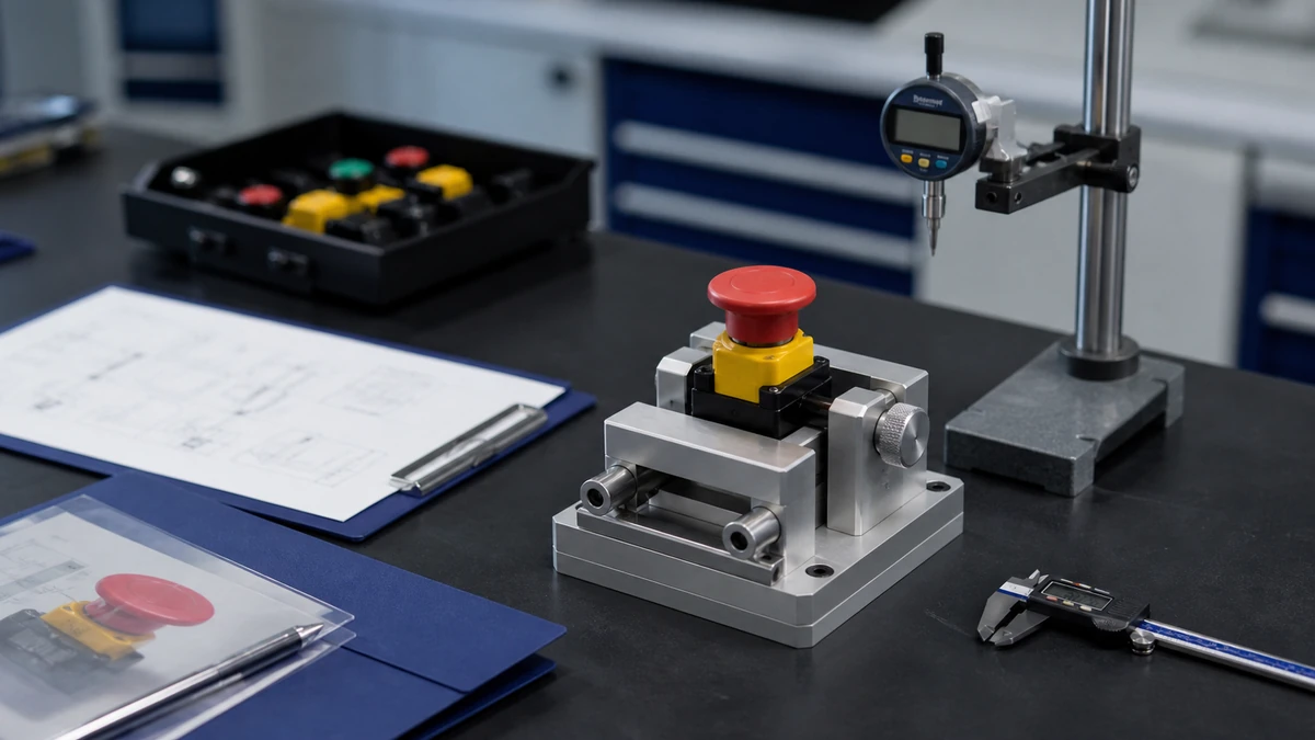 Unbranded push button, selector switch or emergency-stop operator sample at a quality-control inspection bench with non-readable drawing and measuring tools