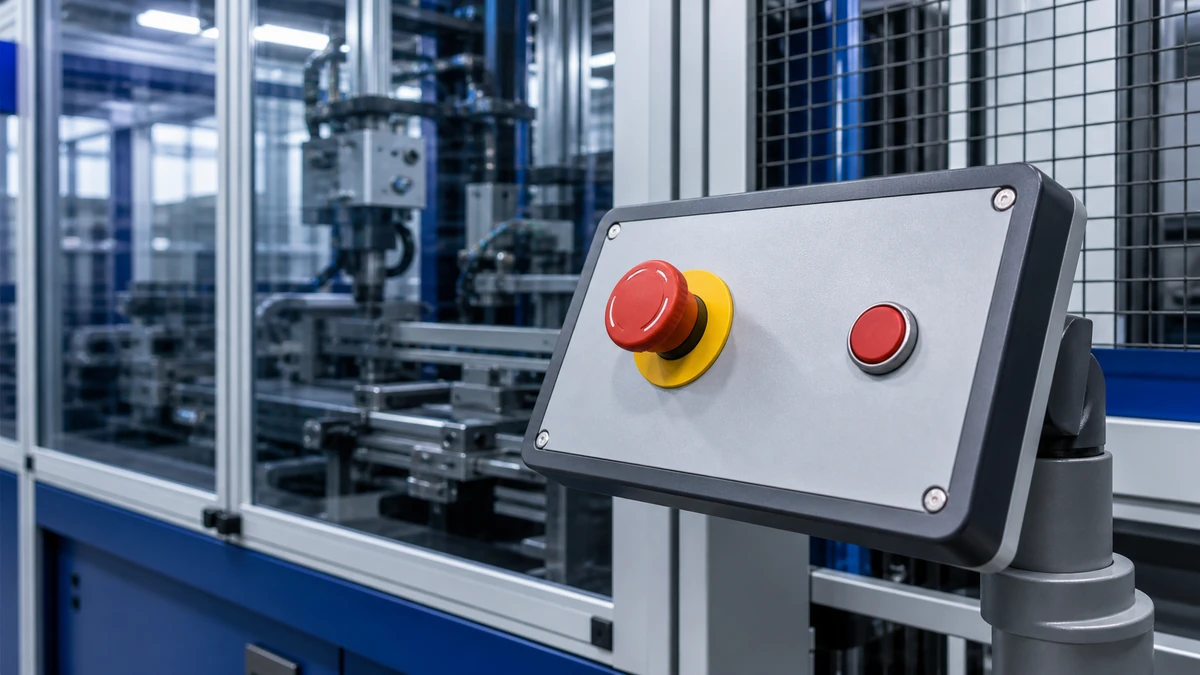 Unbranded push button, selector switch or emergency-stop operator used in a realistic industrial application context