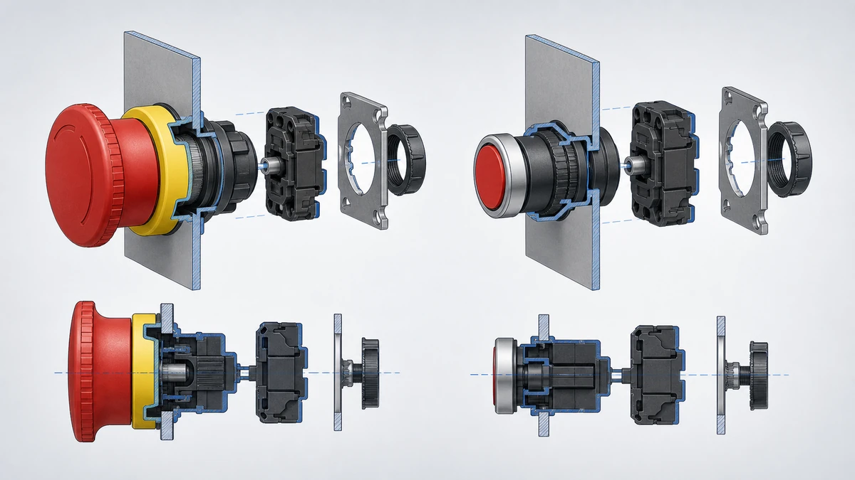 Technical anatomy view of an unbranded push button, selector switch or emergency-stop operator showing relevant mounting and connection interfaces