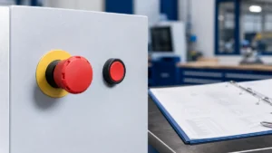 Unbranded push button, selector switch or emergency-stop operator sample reviewed in an industrial engineering environment