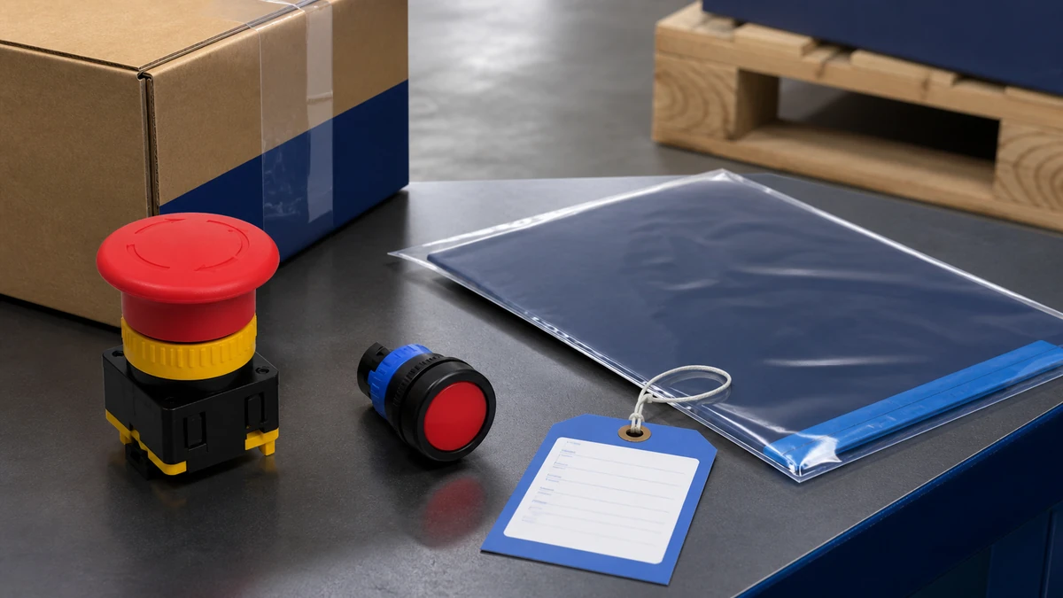 Unbranded push button, selector switch or emergency-stop operator sample, document folder and protective export packing prepared for handover