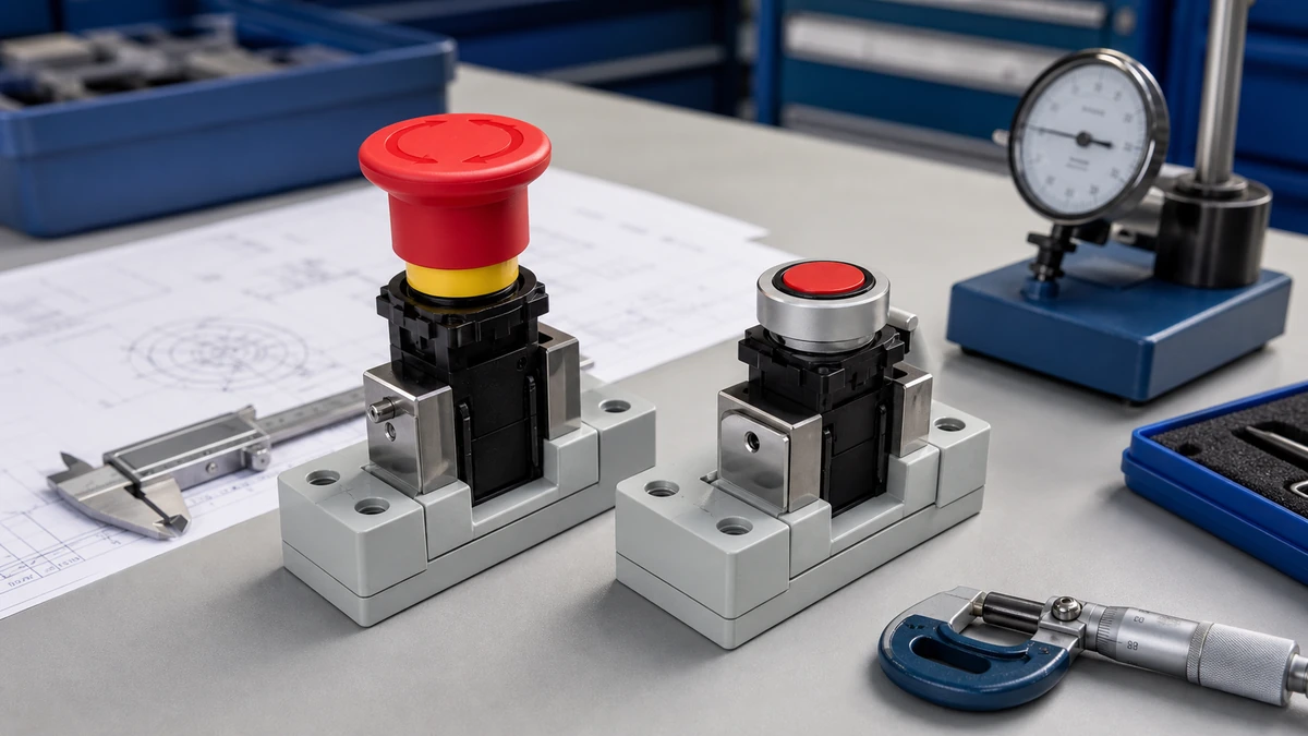 Unbranded push button, selector switch or emergency-stop operator sample at a quality-control inspection bench with non-readable drawing and measuring tools