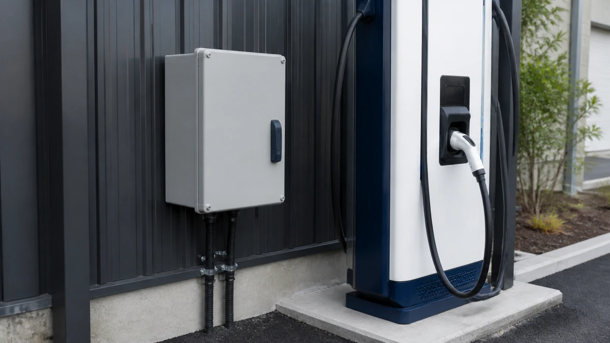 Unbranded weatherproof isolator switch box used in a realistic industrial application context