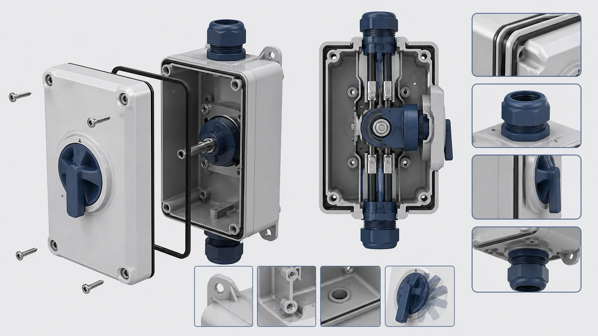 Technical anatomy view of an unbranded weatherproof isolator switch box showing relevant mounting and connection interfaces