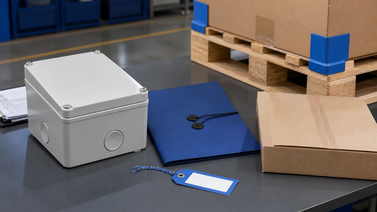 Unbranded weatherproof isolator switch box sample, document folder and protective export packing prepared for handover