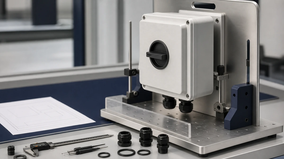 Unbranded weatherproof isolator switch box sample at a quality-control inspection bench with non-readable drawing and measuring tools