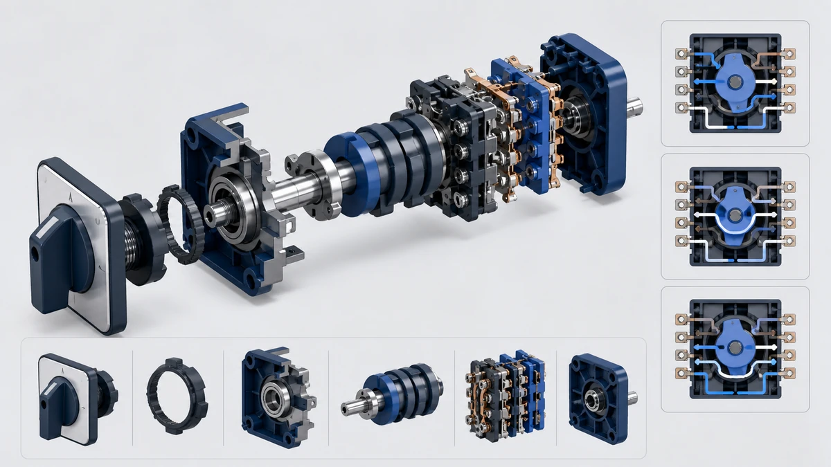 Technical anatomy view of an unbranded rotary cam switch showing relevant mounting and connection interfaces