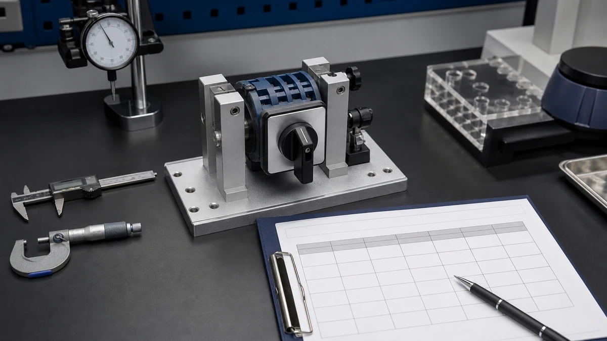 Unbranded rotary cam switch sample at a quality-control inspection bench with non-readable drawing and measuring tools