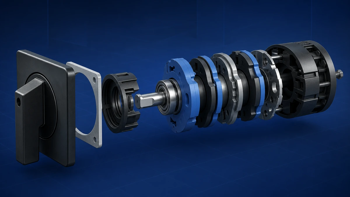 Technical anatomy view of an unbranded rotary cam switch showing relevant mounting and connection interfaces