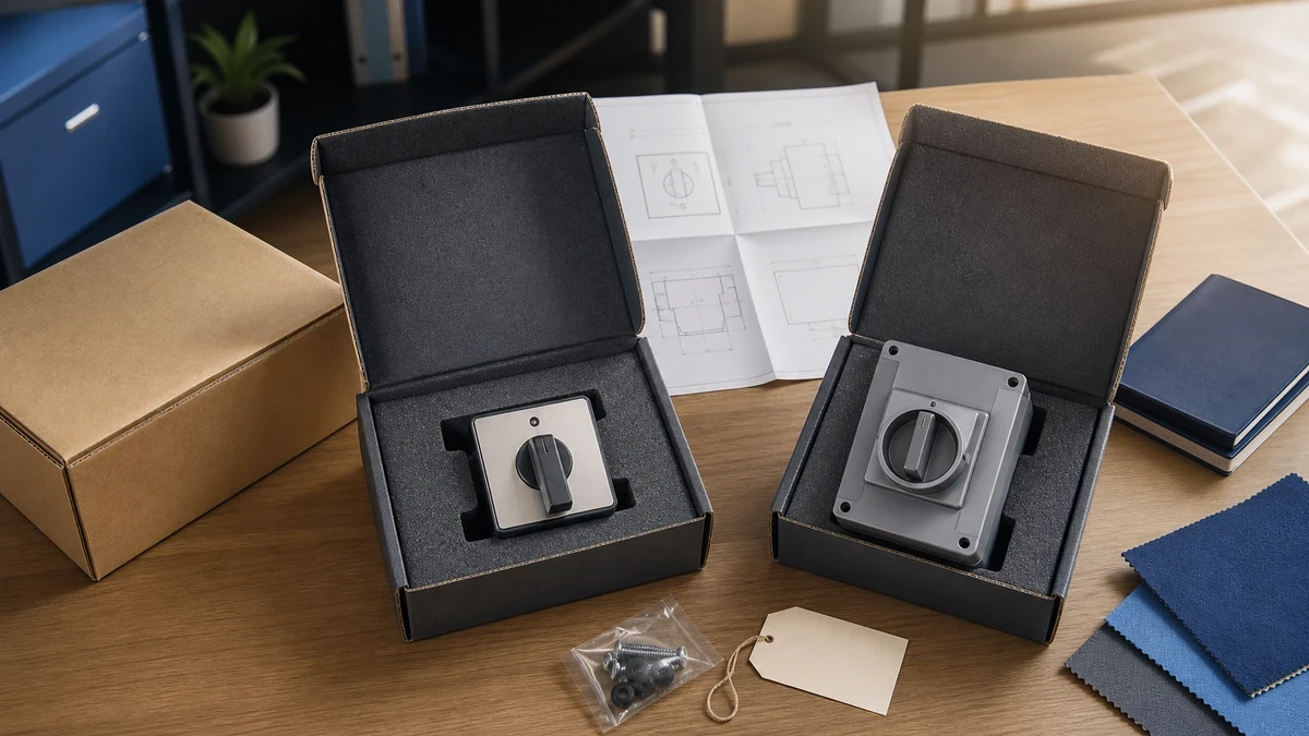 Unbranded rotary cam switch sample, document folder and protective export packing prepared for handover
