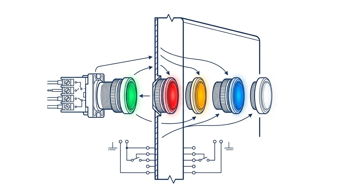 Unbranded push button, selector switch or emergency-stop operator used in a realistic industrial application context