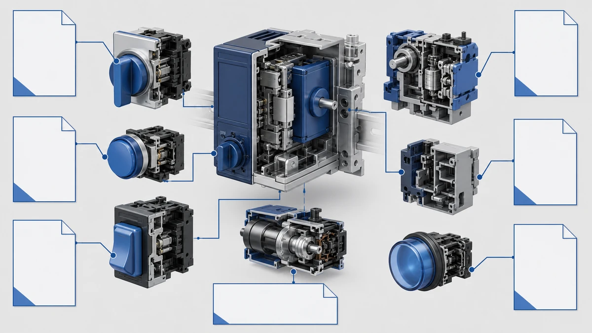 Technical anatomy view of an unbranded industrial control component portfolio showing relevant mounting and connection interfaces