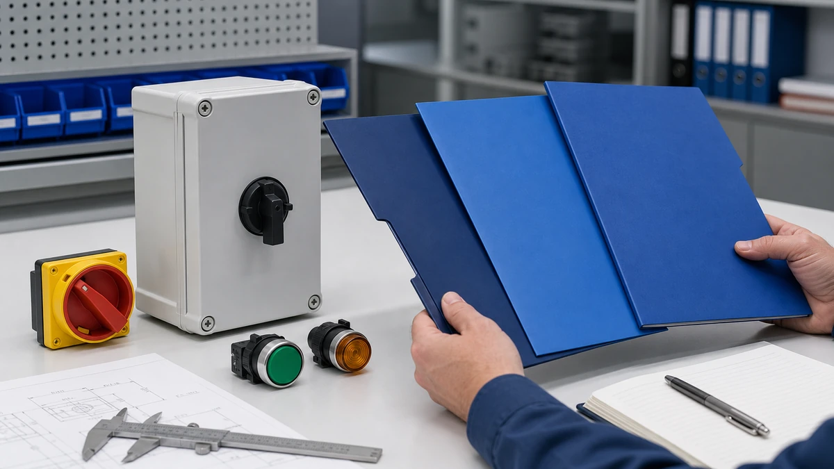 Unbranded industrial control component portfolio sample reviewed in an industrial engineering environment