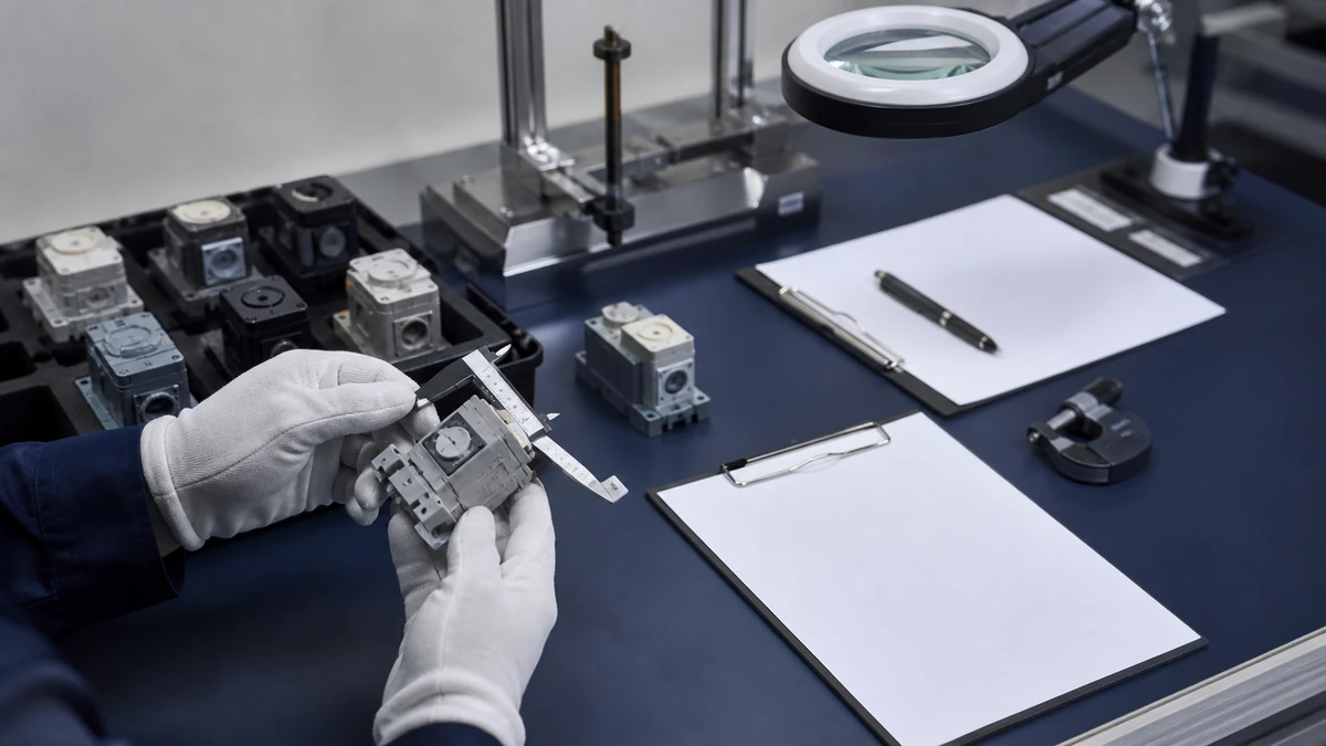 Unbranded industrial control component portfolio sample at a quality-control inspection bench with non-readable drawing and measuring tools