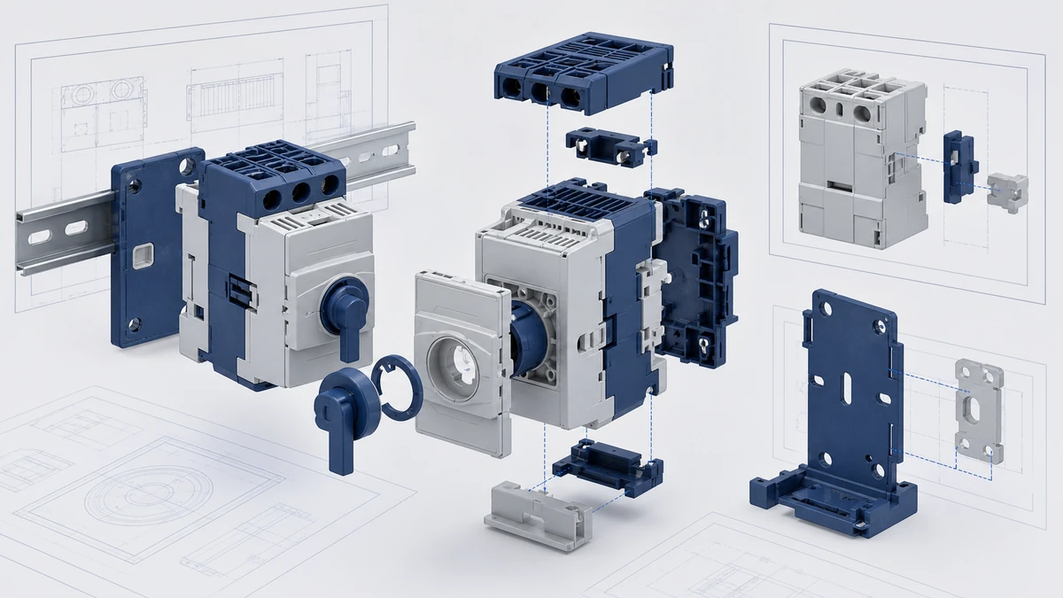 Technical anatomy view of an unbranded industrial control component portfolio showing relevant mounting and connection interfaces