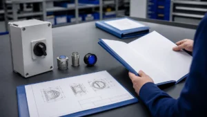 Unbranded industrial control component portfolio sample reviewed in an industrial engineering environment