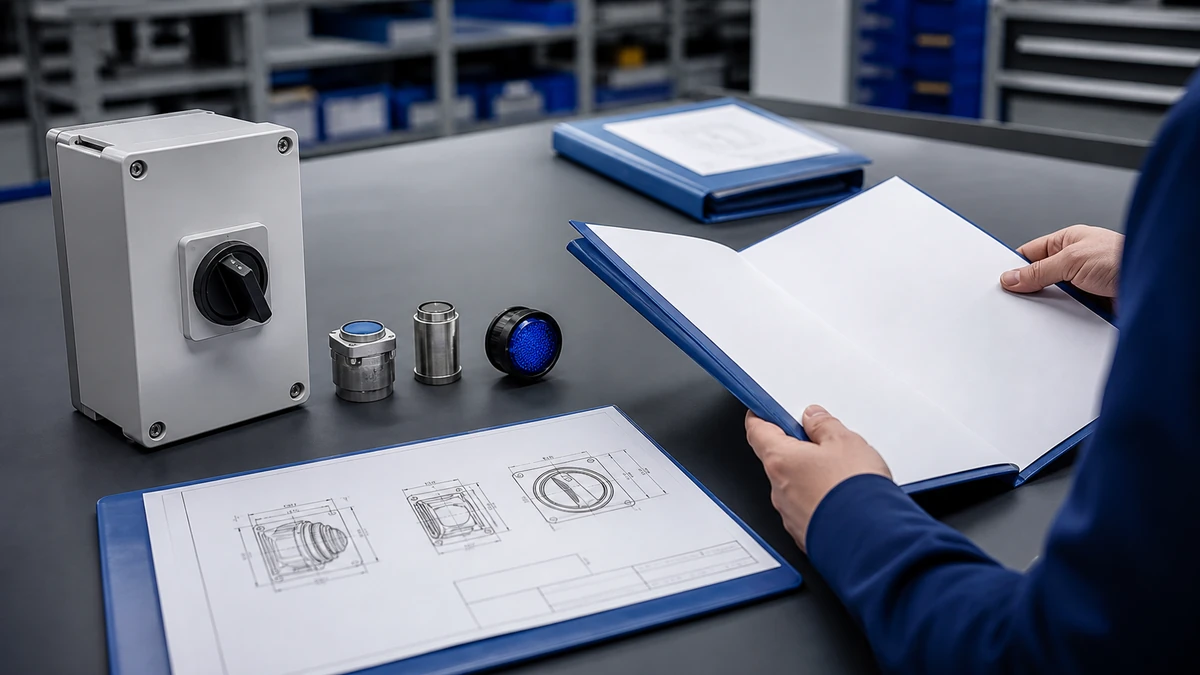 Unbranded industrial control component portfolio sample reviewed in an industrial engineering environment
