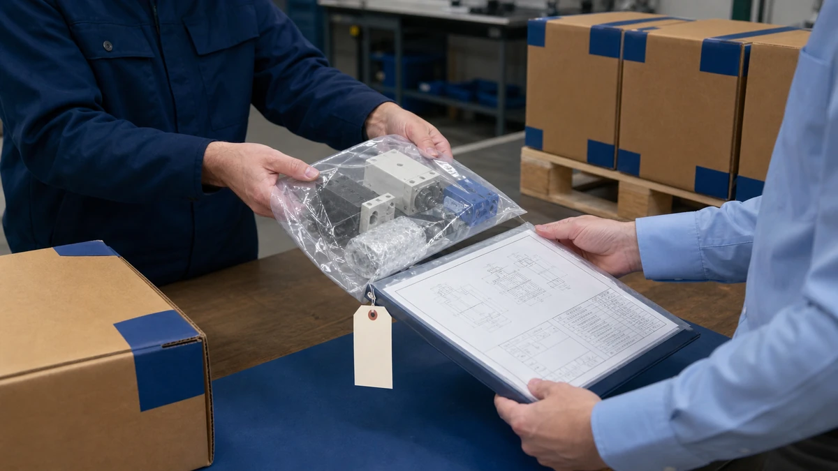 Unbranded industrial control component portfolio sample, document folder and protective export packing prepared for handover