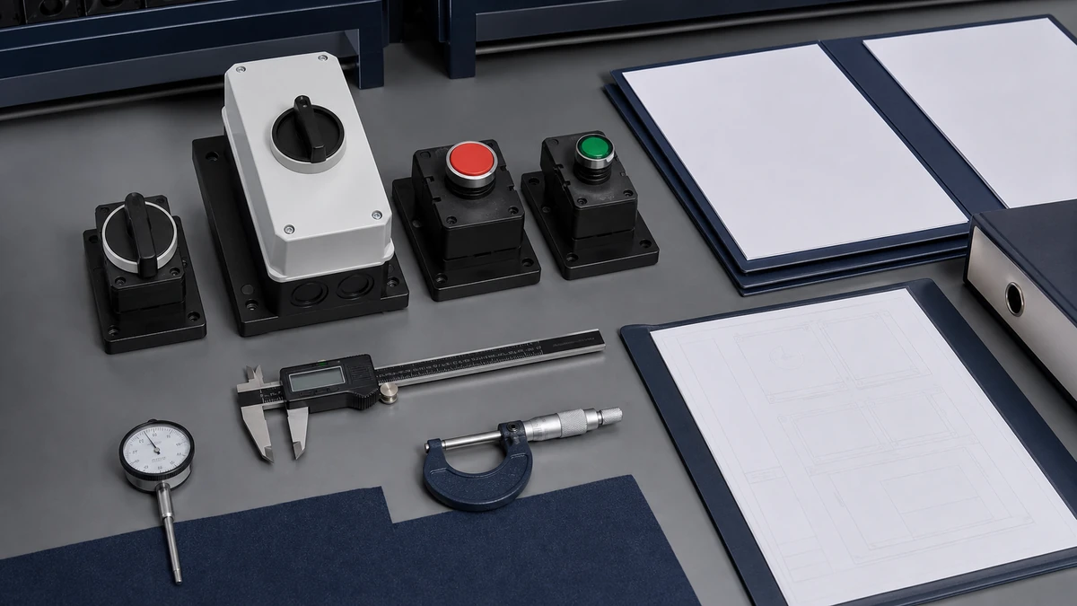 Unbranded industrial control component portfolio sample at a quality-control inspection bench with non-readable drawing and measuring tools