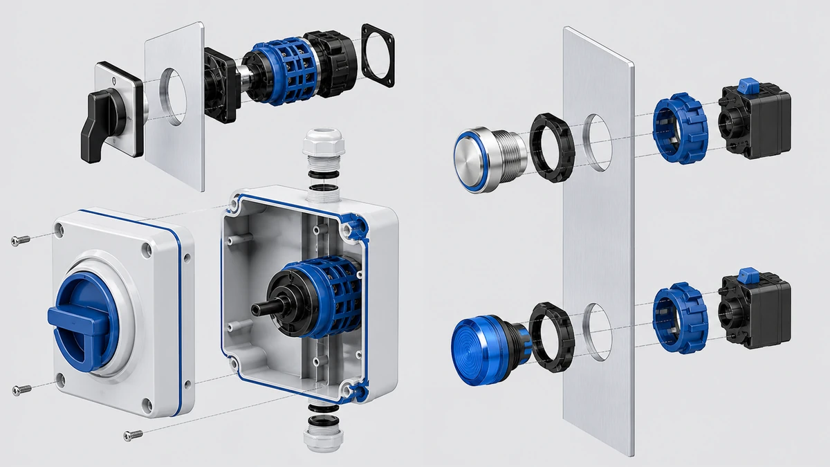 Technical anatomy view of an unbranded industrial control component portfolio showing relevant mounting and connection interfaces