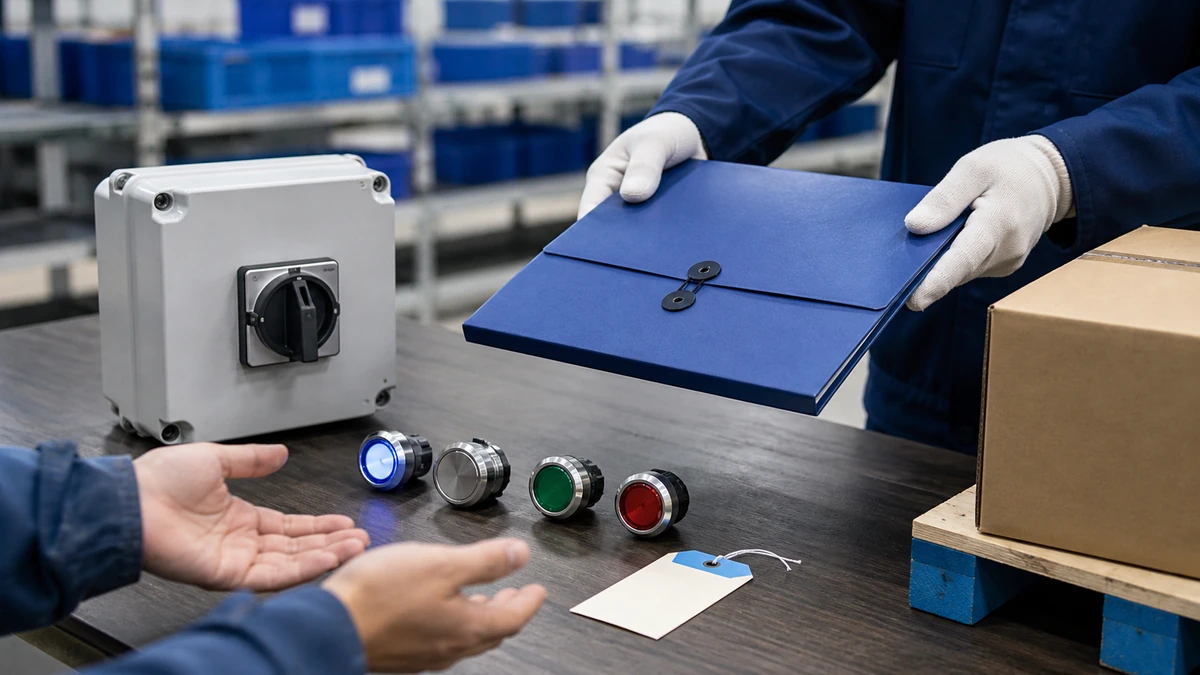 Unbranded industrial control component portfolio sample, document folder and protective export packing prepared for handover