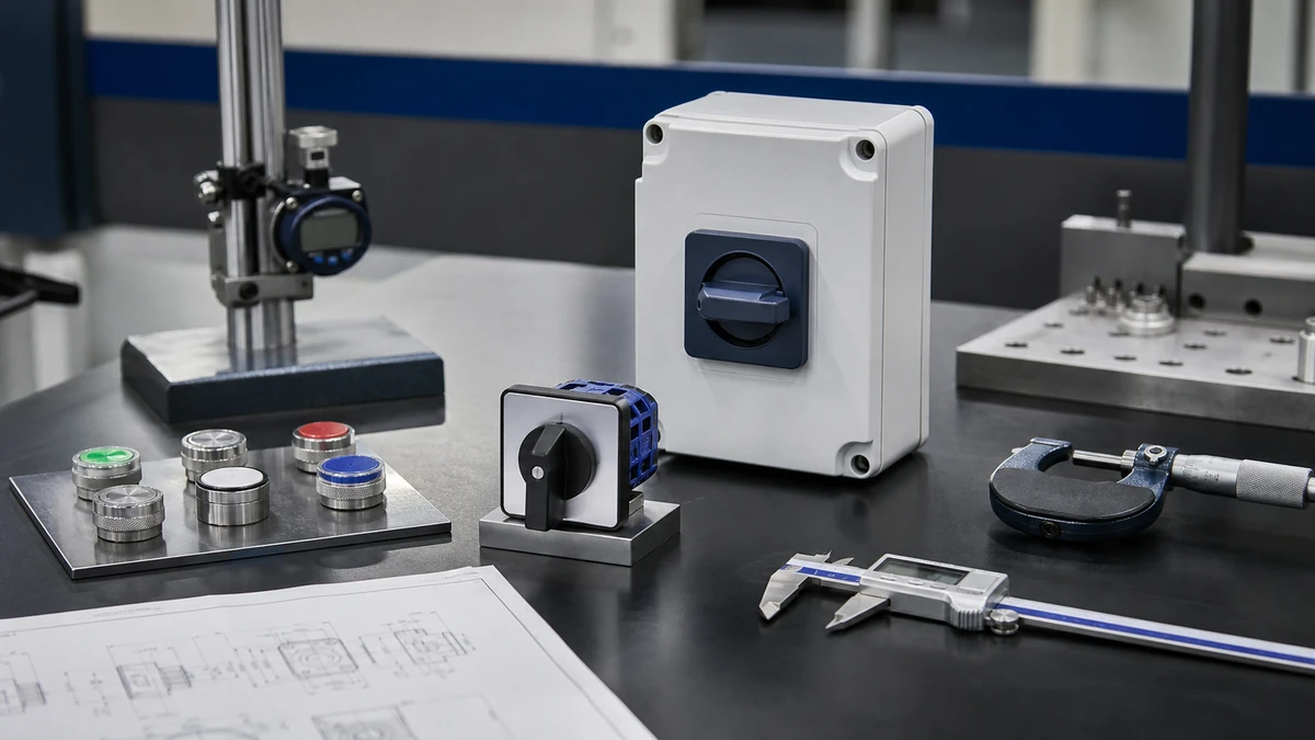 Unbranded industrial control component portfolio sample at a quality-control inspection bench with non-readable drawing and measuring tools