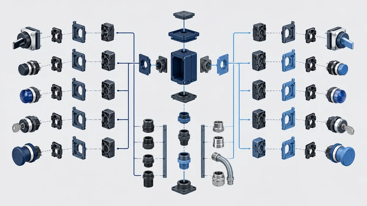 Technical anatomy view of an unbranded industrial control component portfolio showing relevant mounting and connection interfaces