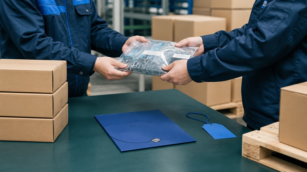 Unbranded industrial control component portfolio sample, document folder and protective export packing prepared for handover