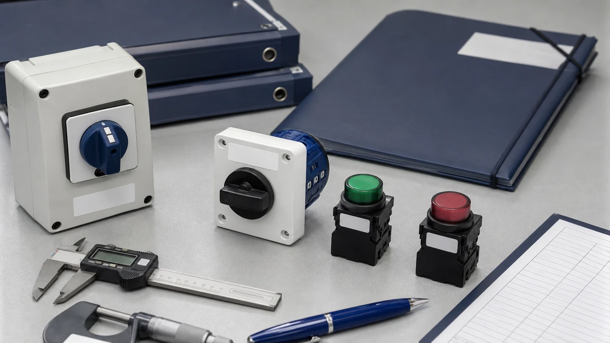 Unbranded industrial control component portfolio sample at a quality-control inspection bench with non-readable drawing and measuring tools