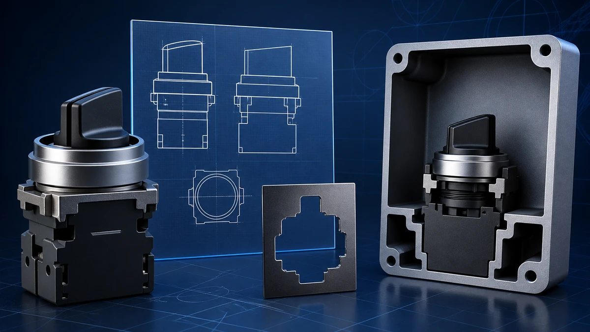 Technical anatomy view of an unbranded industrial control component portfolio showing relevant mounting and connection interfaces