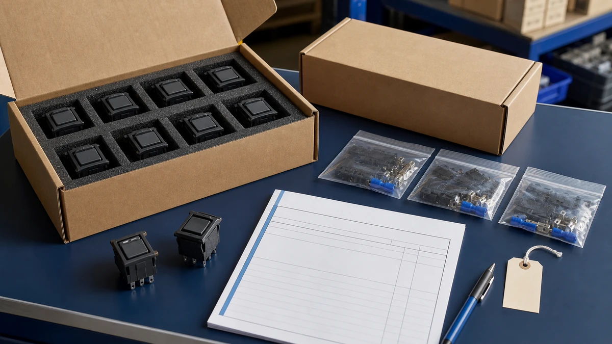 Unbranded industrial control component portfolio sample, document folder and protective export packing prepared for handover