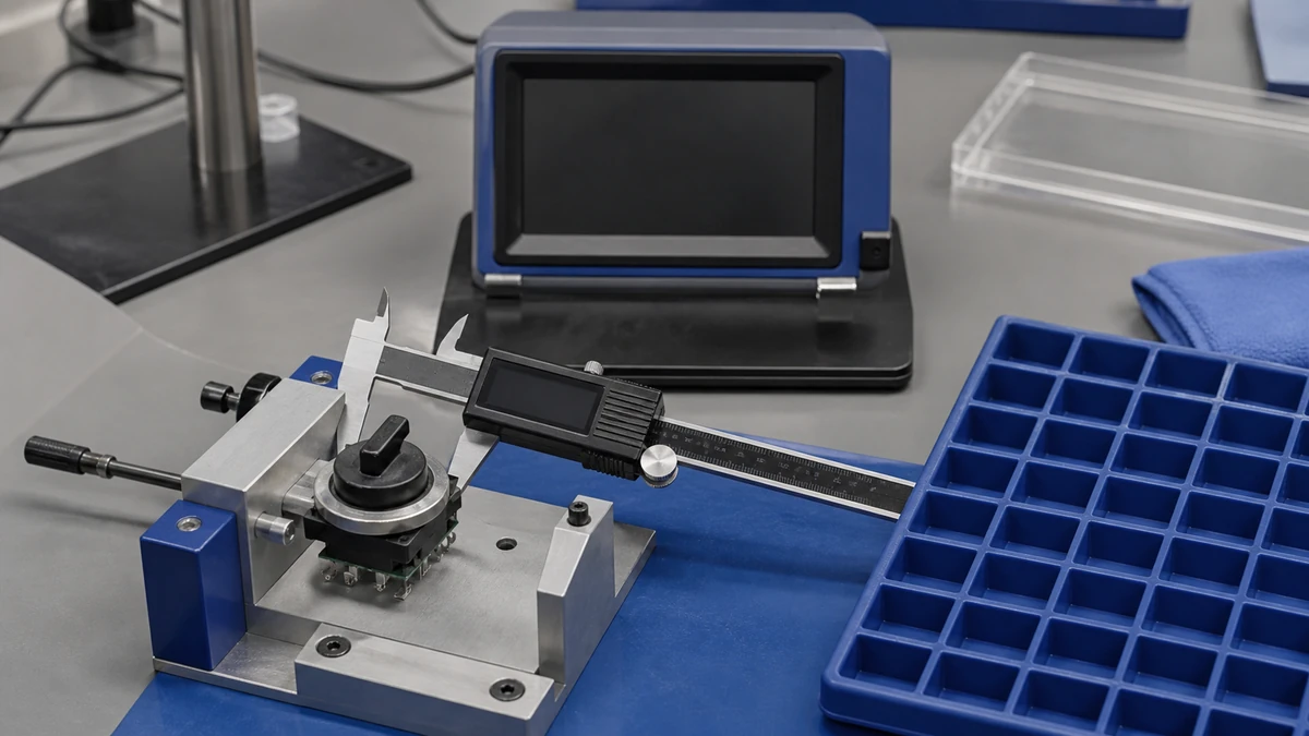 Unbranded industrial control component portfolio sample at a quality-control inspection bench with non-readable drawing and measuring tools