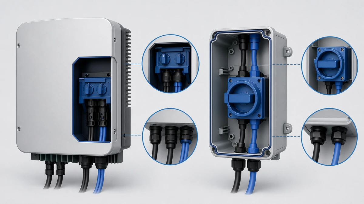 Technical anatomy view of an unbranded PV DC isolator switch showing relevant mounting and connection interfaces