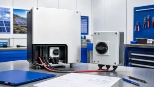 Unbranded PV DC isolator switch sample reviewed in an industrial engineering environment