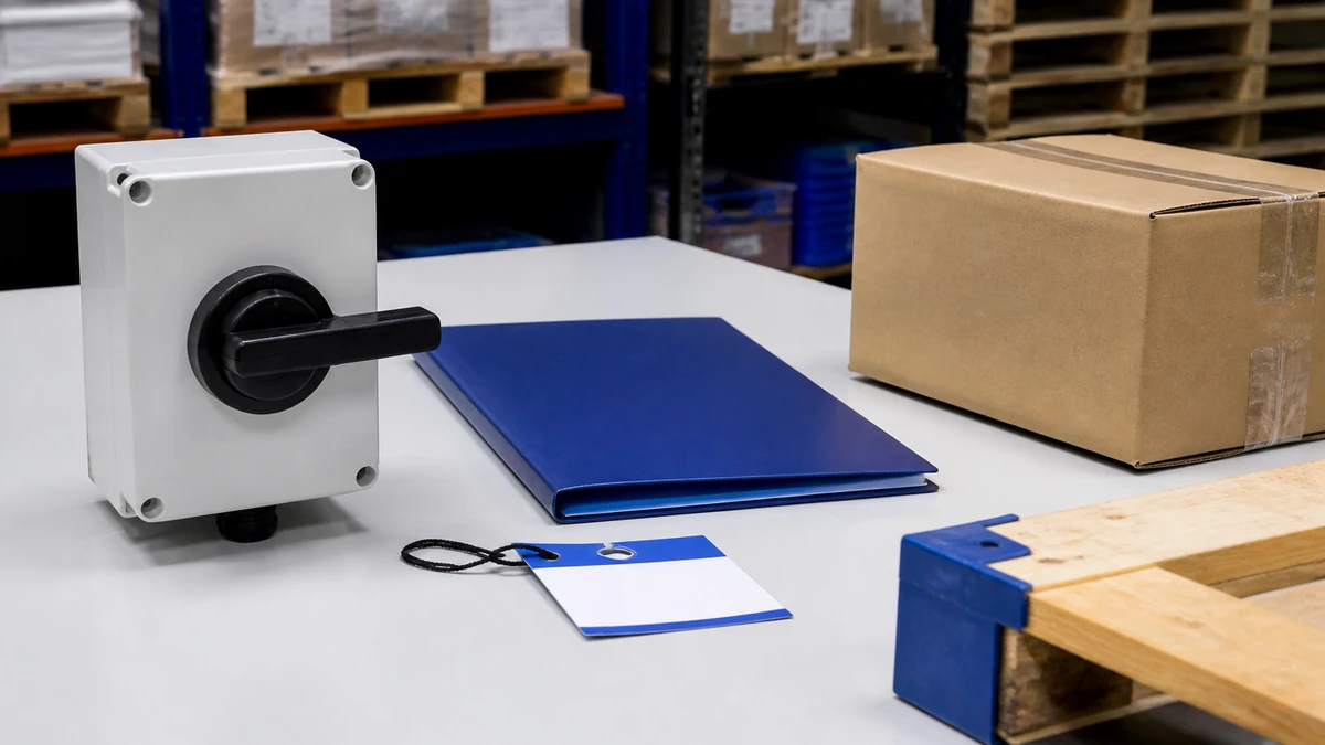 Unbranded PV DC isolator switch sample, document folder and protective export packing prepared for handover
