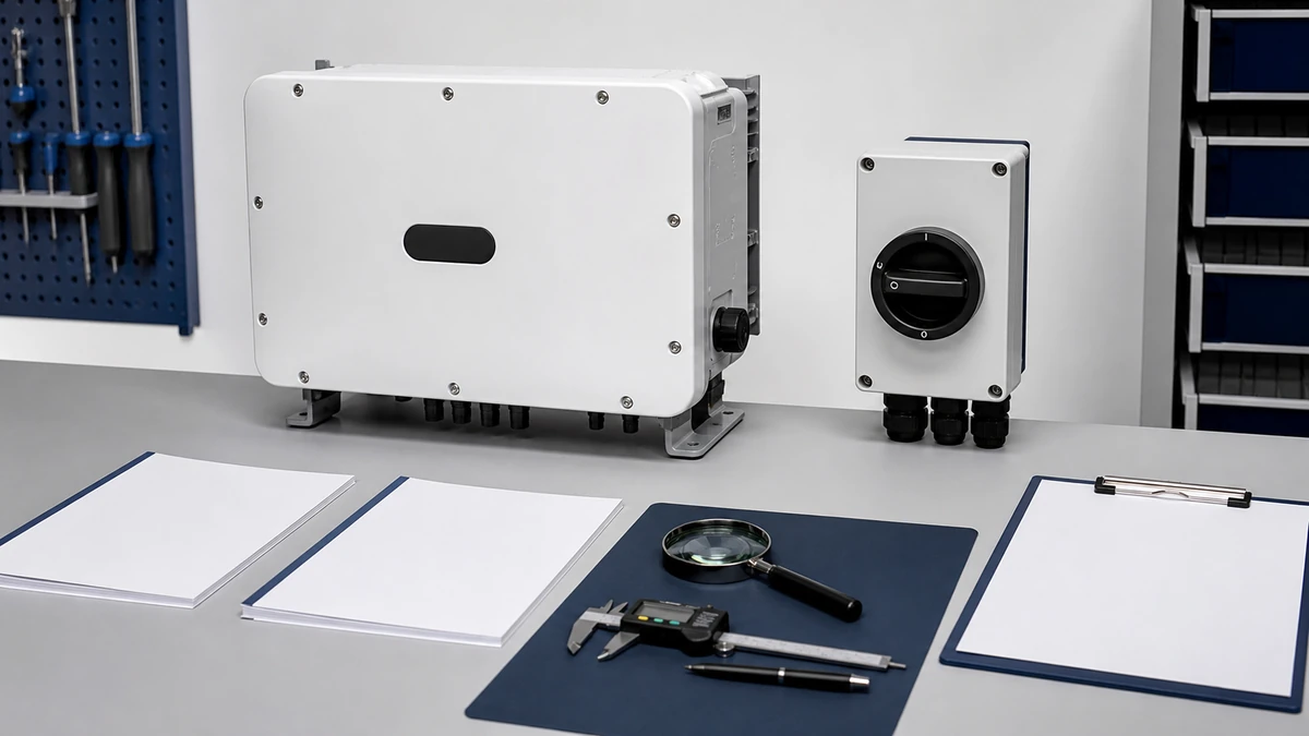 Unbranded PV DC isolator switch sample at a quality-control inspection bench with non-readable drawing and measuring tools