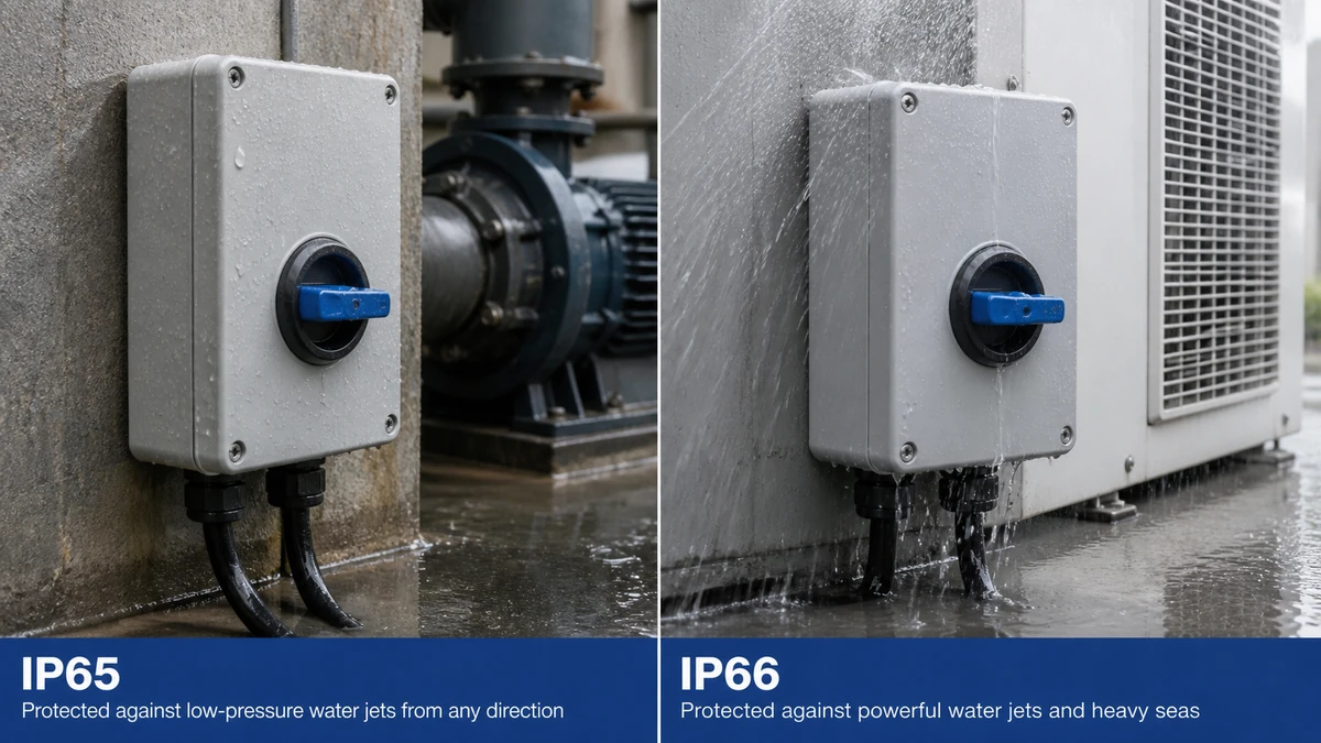 Unbranded weatherproof isolator switch box used in a realistic industrial application context